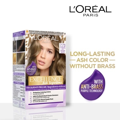 LOREAL Excellence Ash Supreme Hair Color - 7.73 Champagne Ash with Anti Brass Purple Shampoo