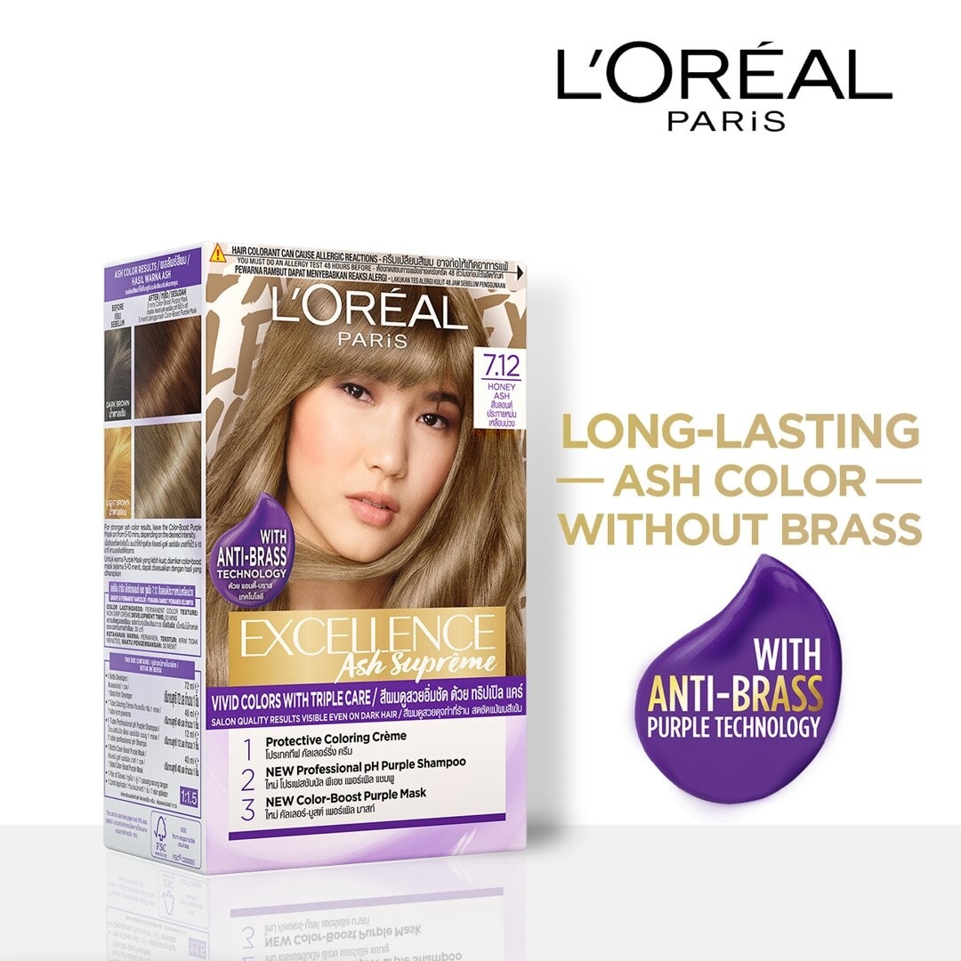 Excellence Ash Supreme Hair Color - 7.12 Honey Ash with Anti Brass Purple Shampoo